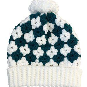 Beanie Hat for Teens or Adult Multicolor Crochet Diamond Granny Stitch & PomPom